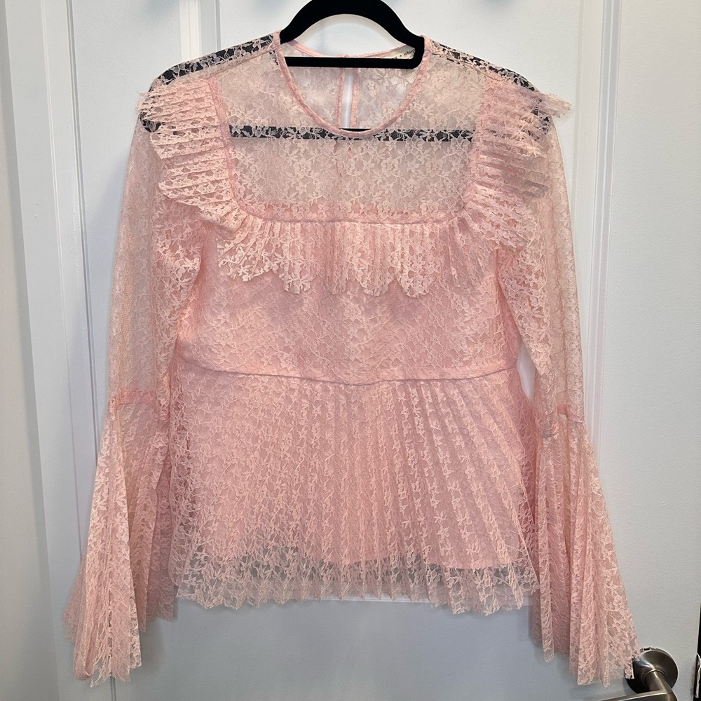 Chic Lace Blouse with Ruffle Accents in Soft Pink